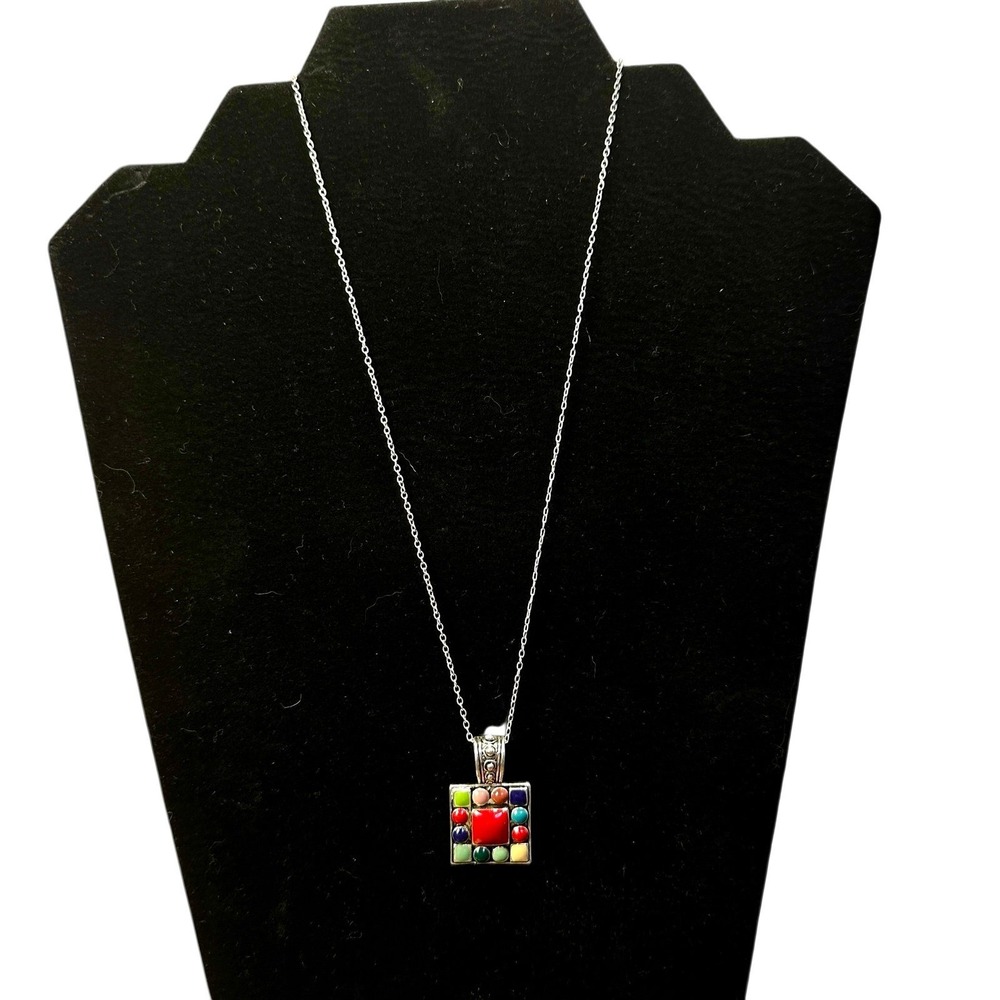 SHA Multicolor Mosaic Pendant Necklace Boho Artisan Style Silver-Tone Chain